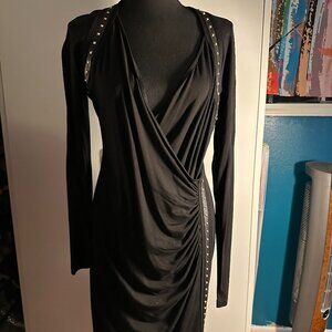 Carmen Marc Valvo Black Studded Faux Leather Trim Wrap Dress – Size XL